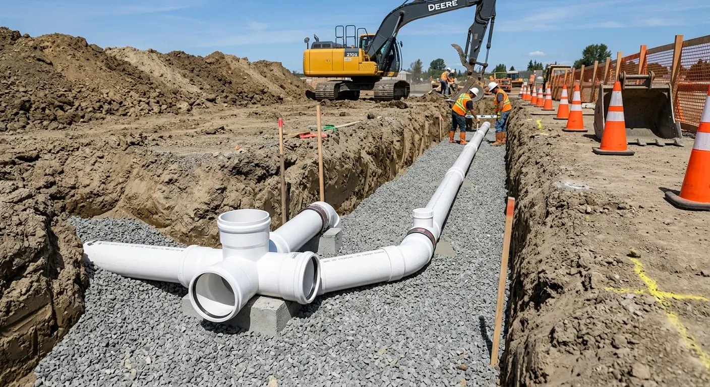 New PVC sewer pipe installation in open trench for Commercial Drain Cleaning in Mecca