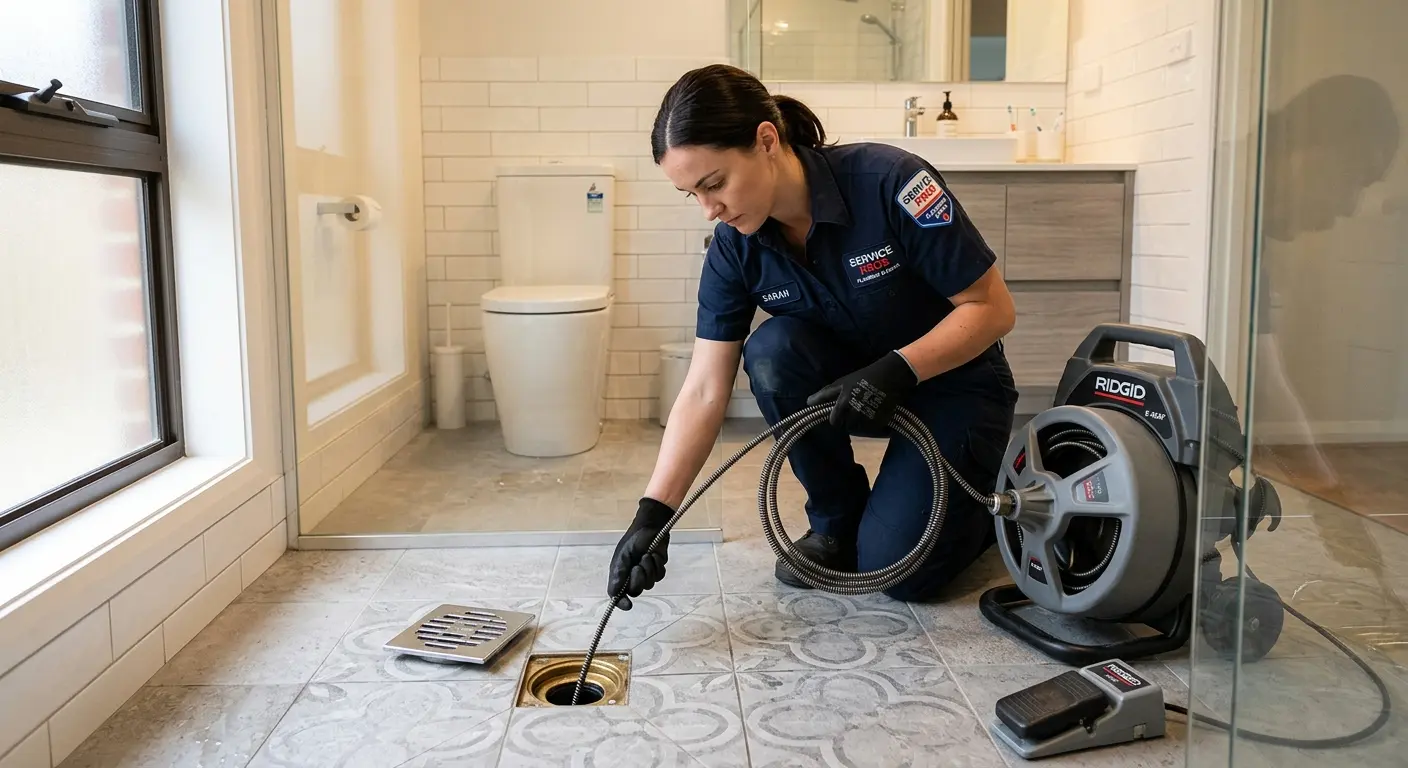 Technician clearing a bathroom floor drain for Clogged Drain Repair in Mecca